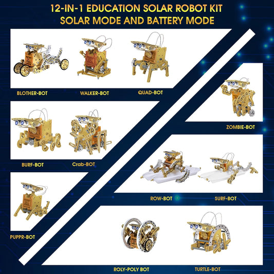 Solar Robot Kit for Kids Age 8-12, STEM Building Toys,12-in-1 Build Your Own Robot with Solar Panel & Battery Power, Science Engineering Christmas Birthday Idea Gifts for Boy Age 8 9 10 11 12