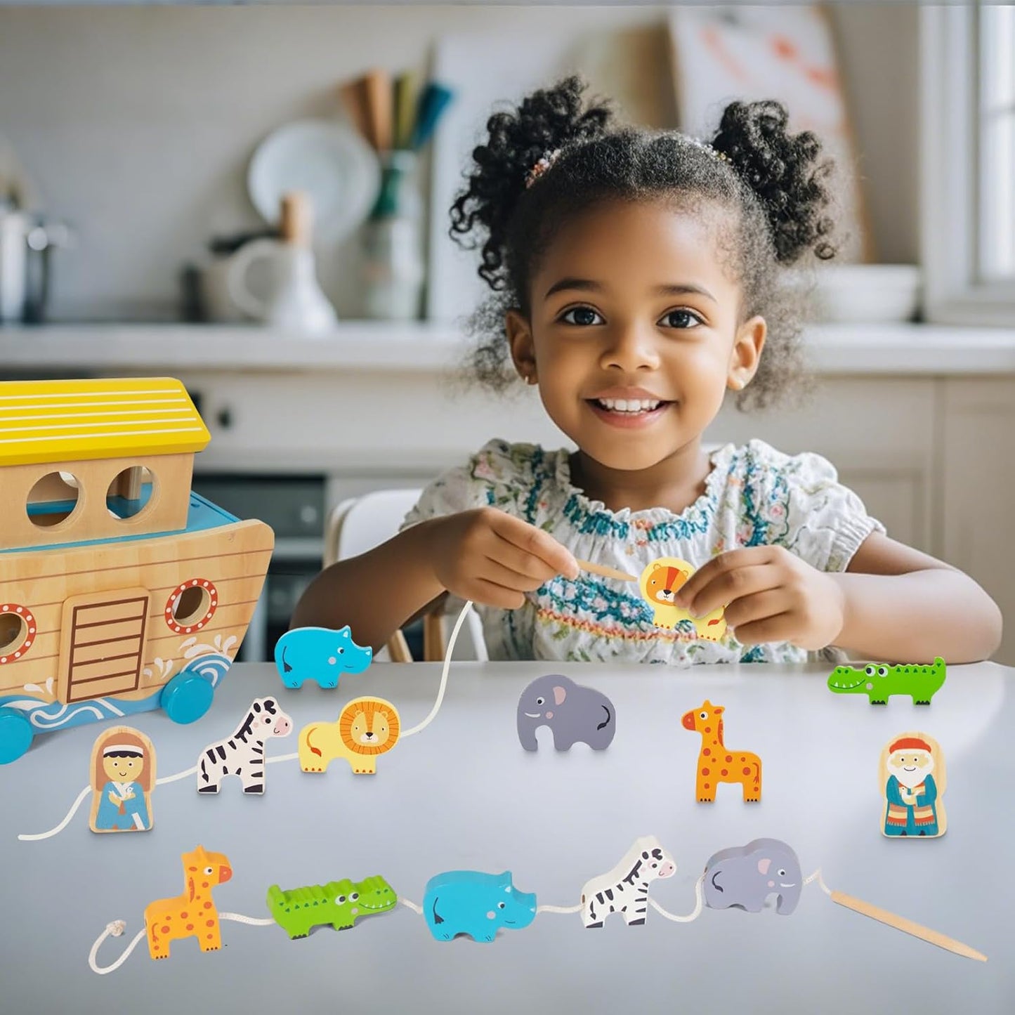 Toddlers Wooden Noah's Ark Toy Animal Playset, Shape Sorter Early Learning Montessori Toys, Baptism Gifts for 3 Boys Girls Kids