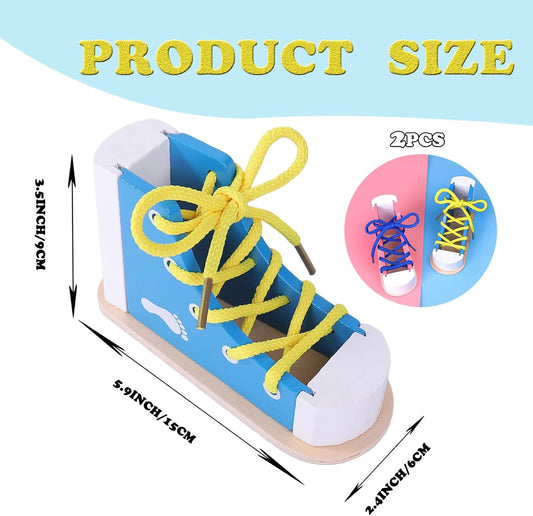 2PCS Learn to Tie Shoes - Wooden Lacing Shoe Tying Practice,Safe & Reusable Wood Shoelaces Tying Educational