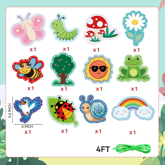 Well Tile 12 Pack Summertime Lacing Cards Double Sided Sewing Cards with Colorful Laces Lacing for Develops Hand-Eye Coordination & Fine Motor Skill