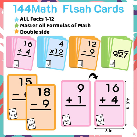 Math Flash Cards Set of Multiplication Division Addition Subtraction with 4 Dry Erase Pens, 144 Flash Cards from 1st to 4th Grade or Kindergarten Homeschool Supplies