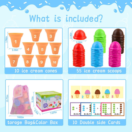 Ice Cream Counting and Color Sorting Stacking Toys for Kids Boys Girls Age 3-5,Montessori Preschool Kindergarten Learning Activities Fine Motor Skill Toys, Number Math Games Learning Toy Gifts
