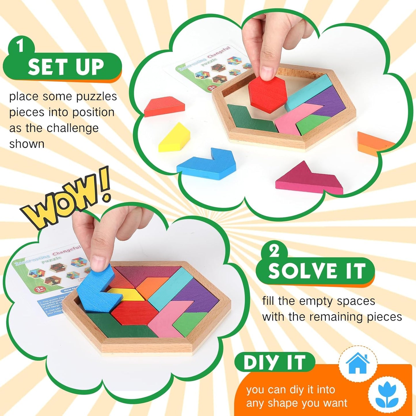 Jerify 6 Pack Wooden Tangrams Puzzles for Kids Wooden Hexagon Puzzle Block Geometric Brain Teaser Jigsaw Block 3D Logic Iq Game Stem Toy Educational Gift for Adults Challenge
