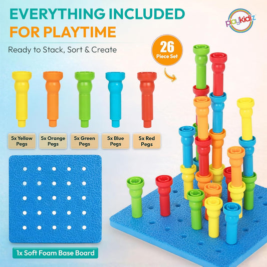 Play Build Kids Peg Board Building Set 26 Pieces - STEM Construction with Colorful Pegs & Shapes, Fine Motor Skills Learning Toy, Montessori Toddler Building Toys for Boys & Girls Age 3+