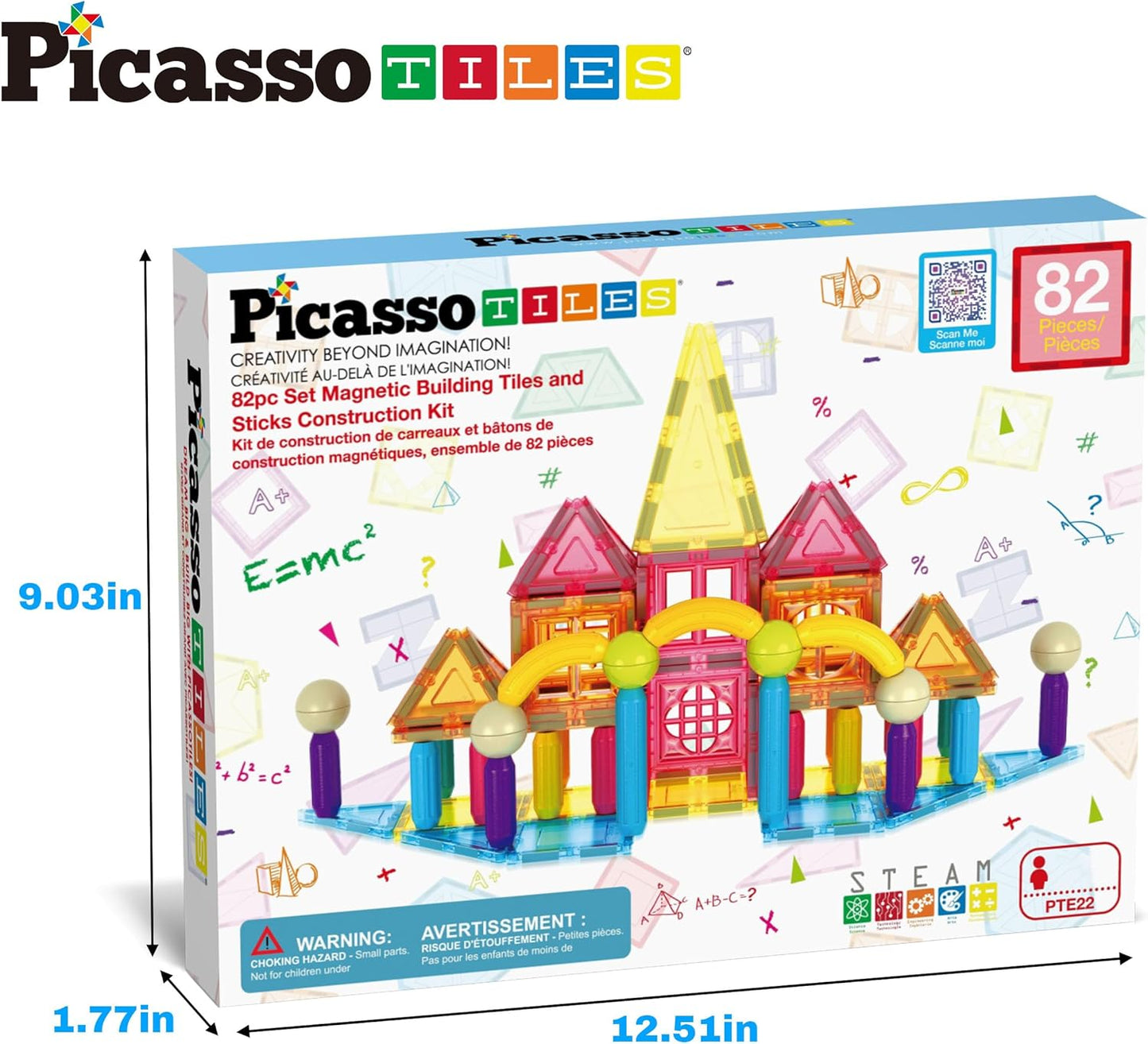 PicassoTiles 82 Piece Magnetic Sticks and Magnet Tiles Construction Building Block Toys for Toddlers, STEM Learning Toy Magnets Balls and 3+ Years Old for Boys Girls Kids Children Early Educational