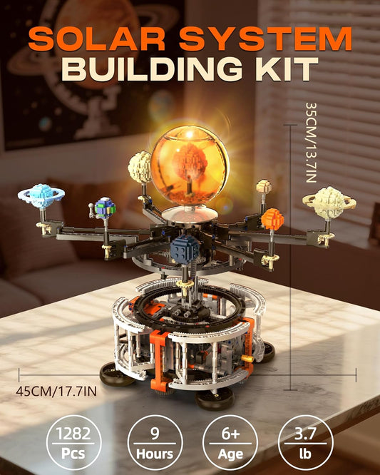 Solar System Building Set with Light, Rotatable STEM Educational Toys with 8 Planets, Electric Manual Mode Spinning Space Toys for Astronomy Learning, Gift for Boys Girls Age 6-12(1282pcs)
