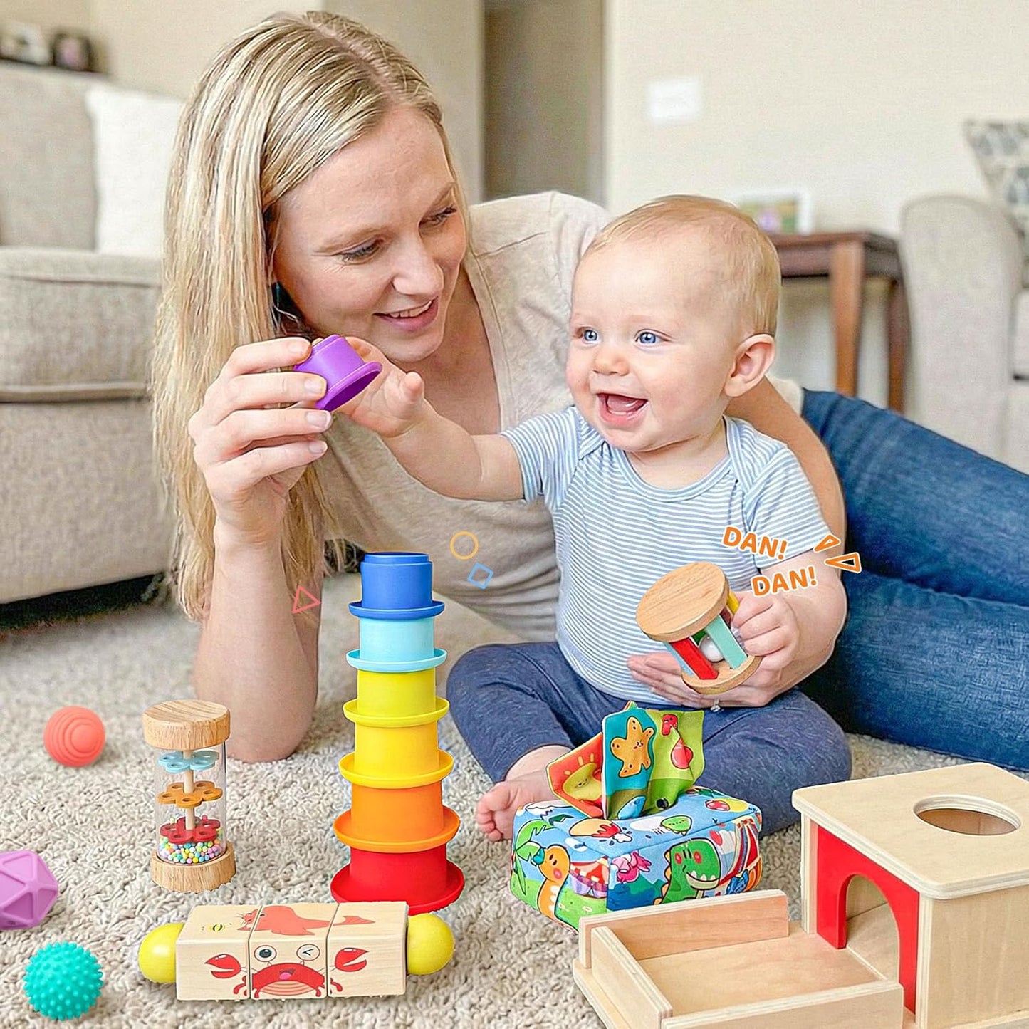 Montessori Toys for Babies 6-12 Months,1 Year Old,8 in 1 Learning Educational Set Wooden Sensory Toys for Baby Toys 12-18 Months (Includes Tissue Box Toy,Rainmaker and More)