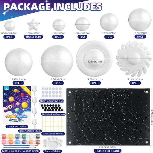 Solar System Project Kit for Kids, Solar System Model Toy Kit for Kids, Learn School Space Planet Science Project of Mix Foam Balls, Planet Felt Board, Brushes, Adhesive Hooks, Instruction