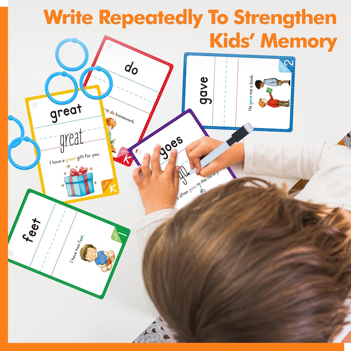 300 Sight Words Flashcards, 150PCS Double-Sided Erasable Reusable Cards Dolch & Fry Word Lists Montessori Toy for Kindergarten Preschool Toddlers 3 4 5 Years Old (5 Plastic Rings Attached)