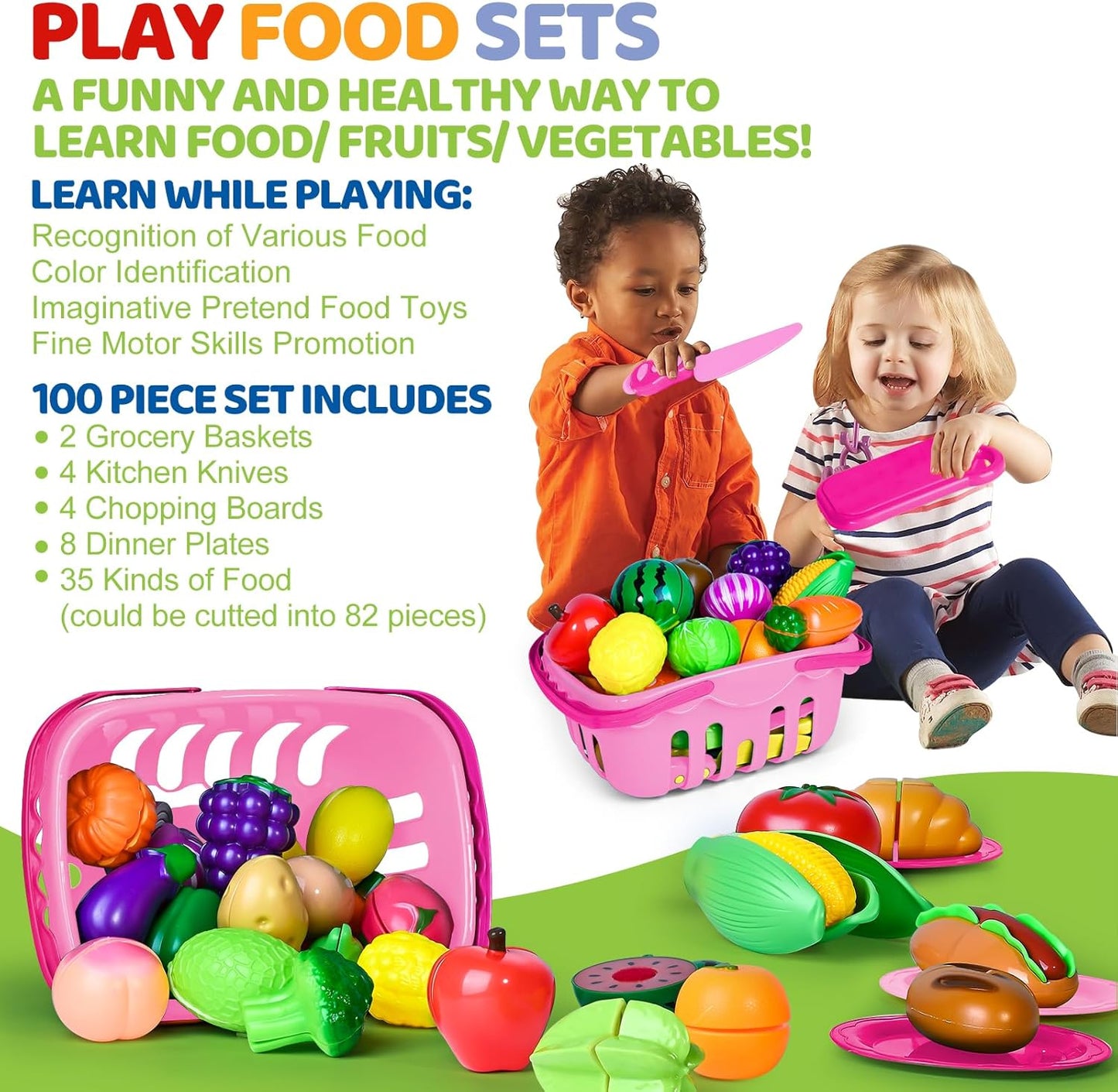100 PCS Cutting Play Food Toy for Kids Kitchen, Pretend Food Toys for Toddlers, Play Kitchen Toys Accessories with 2 Baskets, Fake Food/Fruit/Vegetable, Birthday Gifts for 3 4 5 Years Old Boys Girls