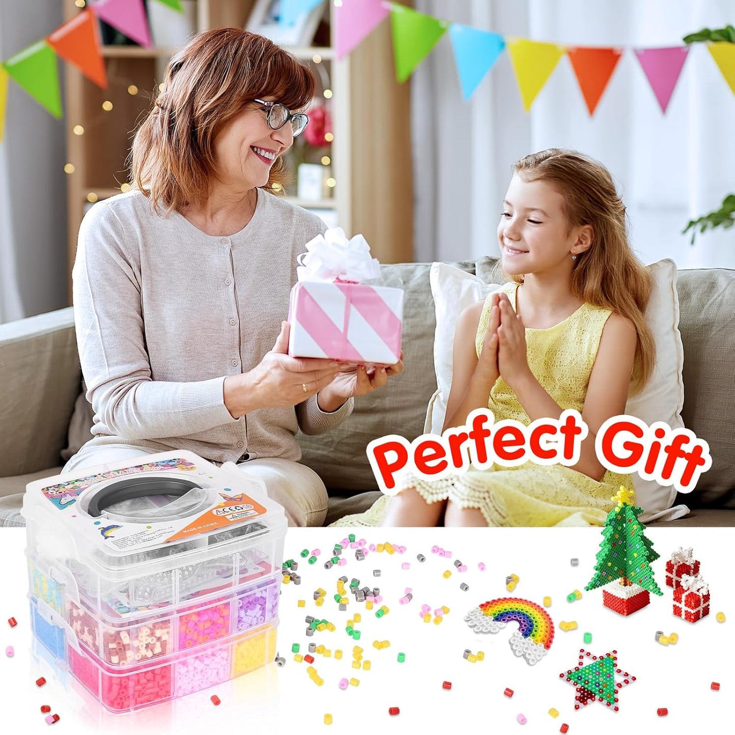 LULUETPUE Christmas Fuse Beads Kit, 7000PC 5MM Melty Beads Set, Iron Melting Bead Craft Kit with Pegboards,Ironing Paper, Arts and Crafts Set for Boys Girls Xmas Birthday