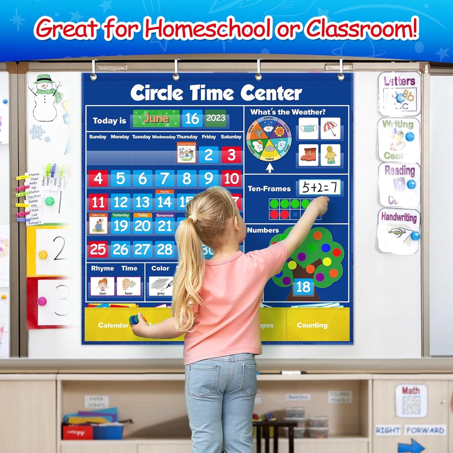 Circle Learning Time Center Pocket Chart Calendar Set, Educational Pocket Chart Learning Shape, Color Classroom Pocket Chart-Number Pocket Chart Wording Rhyme Pictures Pocket Chart