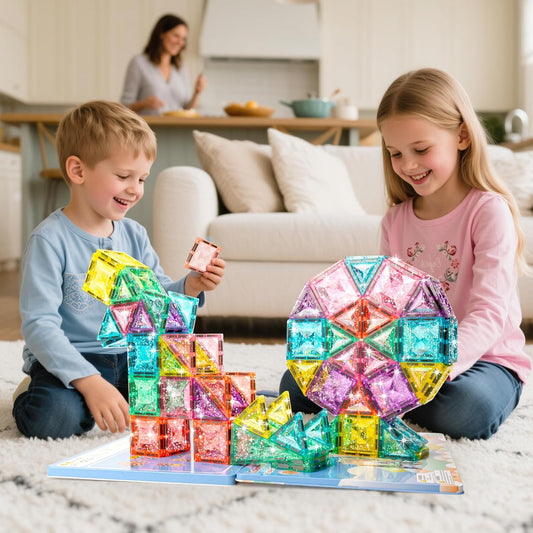 Magnetic Tiles Building Blocks for Kids Ages 3-8, Diamond Surface Travel Set with Metal Storage Box, 60PCS STEM Montessori Educational Learning Toys Gifts