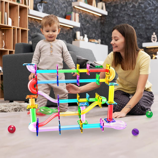 PicassoTiles 70pc Marble Run Magnetic Tiles STEM Set for Kids Ages 3 and Older Magnet Tile Marbles Maze Building Blocks Brain Development Toy Preschool Educational Learning Construction Playset PTG70