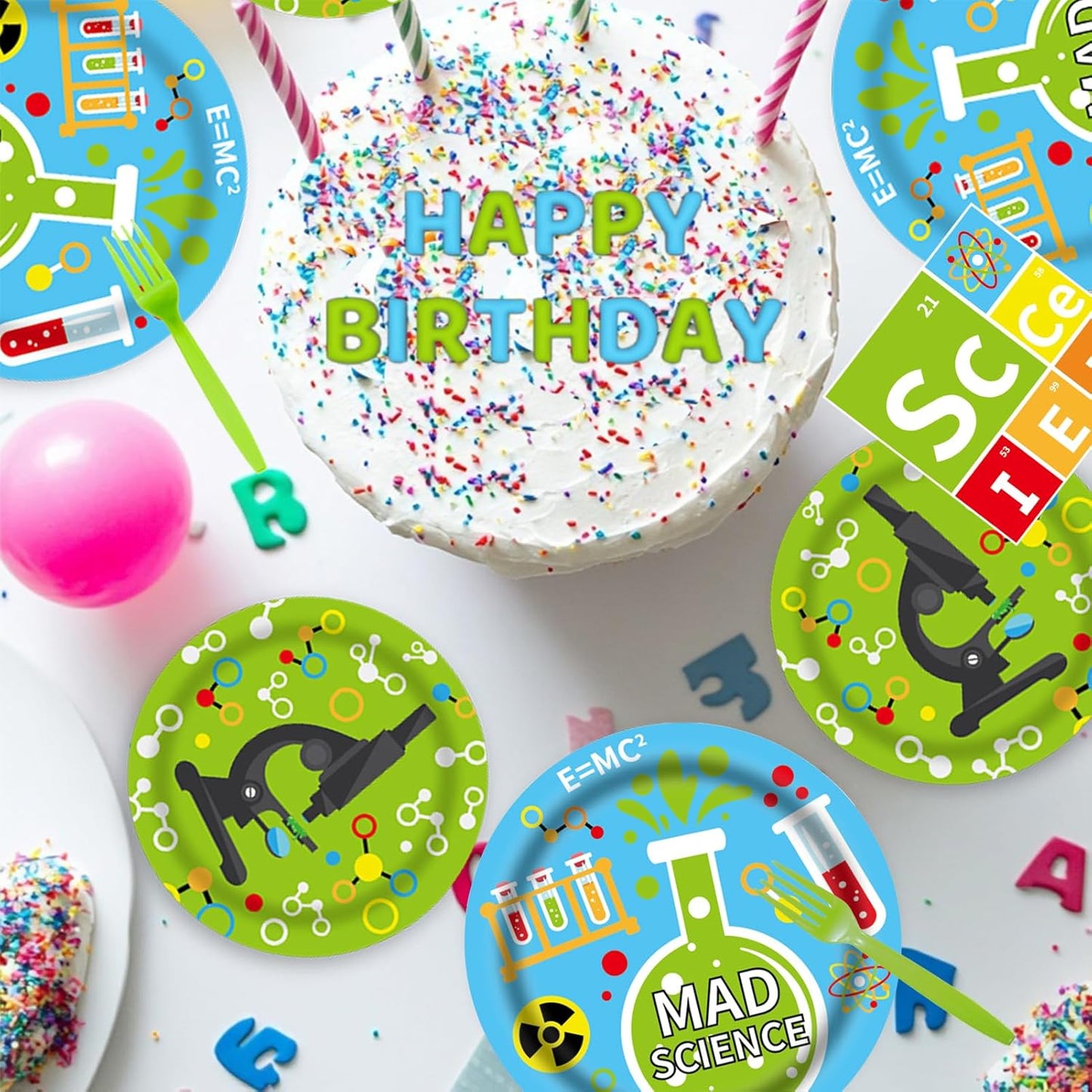 96 Pcs Science Party Decorations Tableware Set for Kids Teens Baby Shower Includes Plates Napkins Forks Chemistry Laboratory Themed Birthday Theme Party Supplies for 24 Guests