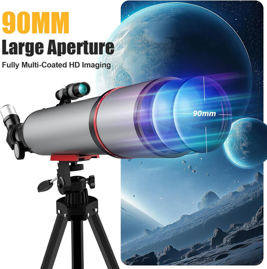 Telescope for Adults & Kids - 90mm Aperture 600mm Refractor High Powered Telescope for Beginners - Portable Astronomy Telescopes with Phone Adapter Tripod Carry Bag Gifts for Men