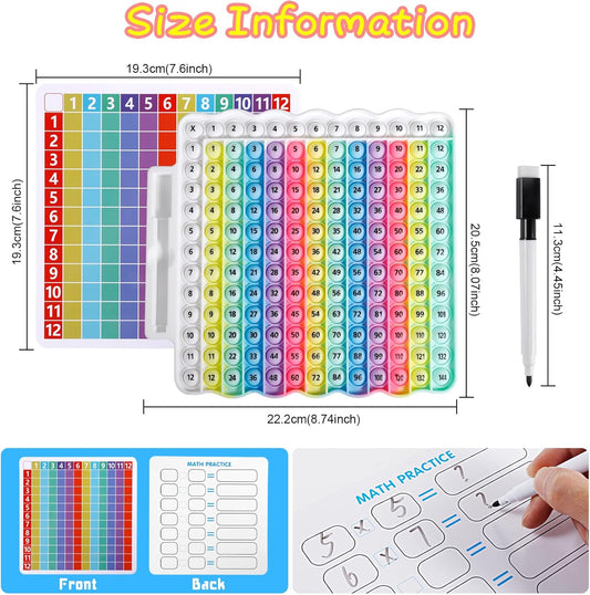 Multiplication Table Game pop Fidget Toys Educational Math Learning Board with Marker, Rainbow Colors, 12x12 Grid Multiplication Charts for Kids Multiplication Flash Cards
