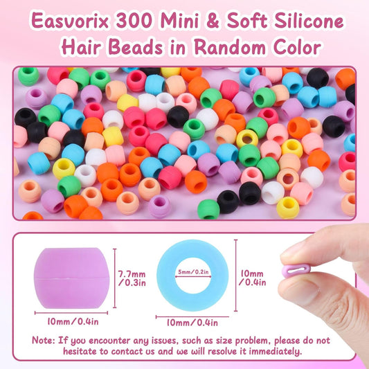 300 Small Silicone Hair Beads for Girls Kids Women, 7*5mm Colorful Soft Mini Silicone Beads for Bracelet, Hair Braids, DIY Crafts, Plastic Quick Beader for Hair Braid, 50 Elastic Rubber Bands