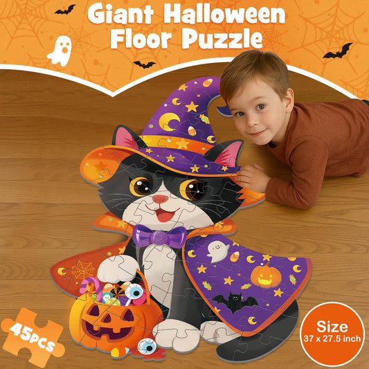 45 Pcs Halloween Floor Puzzle with Black Cat Jumbo Jigsaw Puzzles for Kids Age 4-8, Boo Basket Gifts Stuffers for Boys Girls