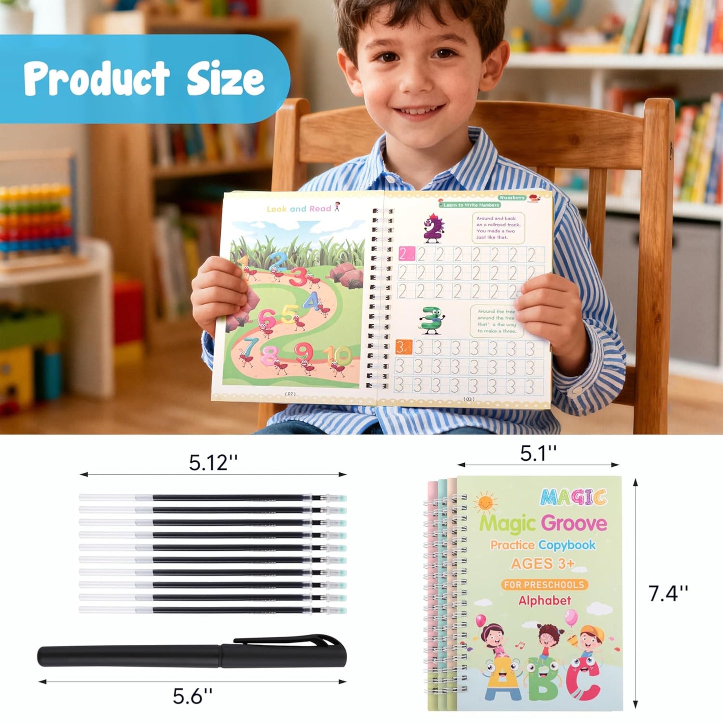 Grooved Handwriting Practice Books, Reusable Magic Grooved Handwriting Practice Books for Kids Age 3-8, Preschool Kindergarten Tracing Workbooks for Kids Handwriting Practice