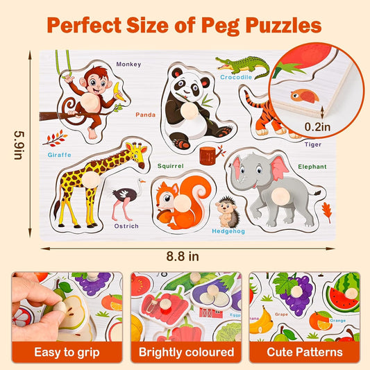 Wooden Peg Puzzles for Toddlers 1-3, 6 PCS Toddler Puzzles Set(Vegetables, Numbers, Fruits, Insects, Sea and Animals), Great Preschool Learning Puzzle Toys for Girls and Boys