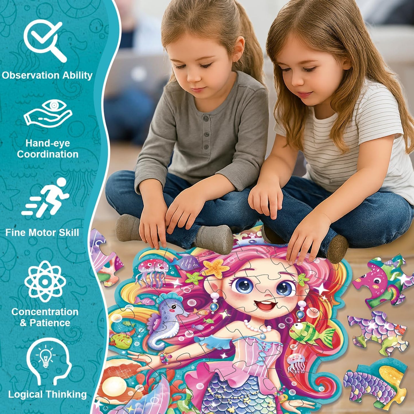 Mermaid Gifts for Girls, 45PCS Jumbo Memarid Floor Puzzle for Kids Age 3-5 Toddler Floor Puzzle Educational Learing Toys for Kids