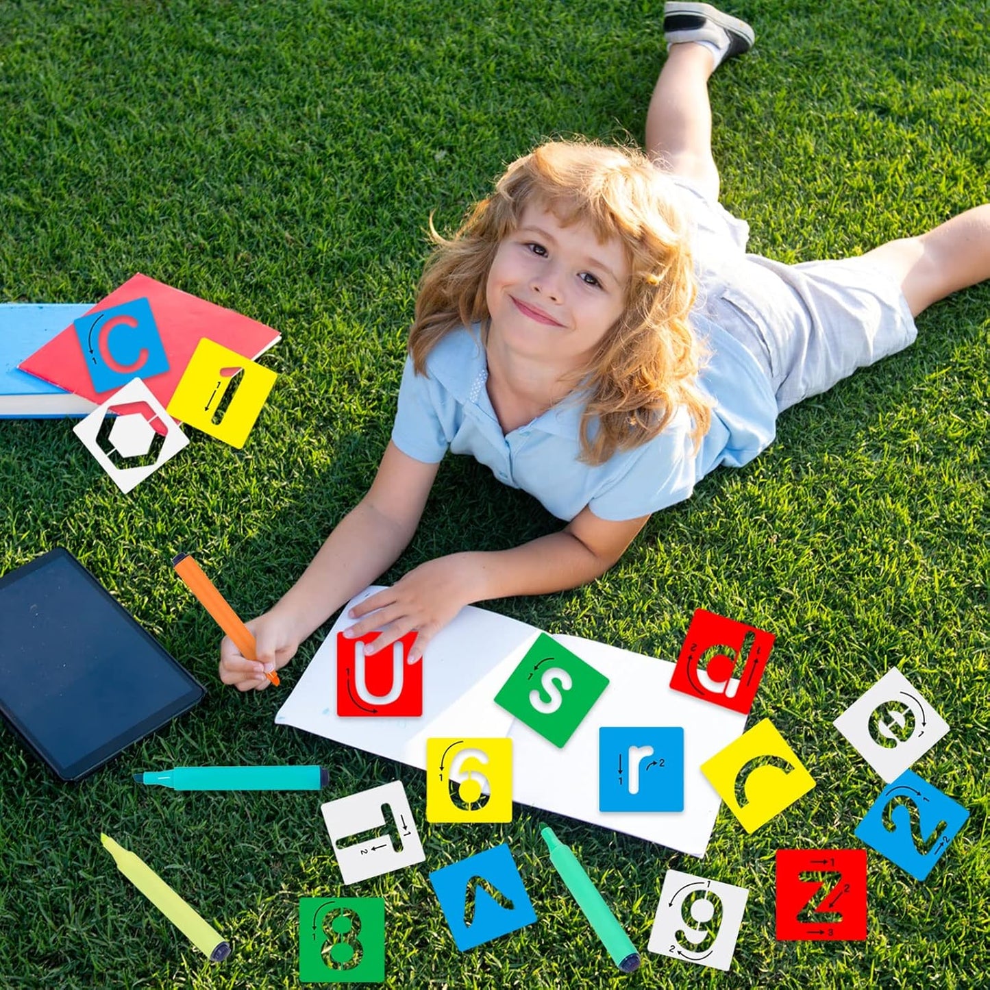 72 Pieces Preschool Letters and Numbers Alphabet Stencils Colorful Double Sided Tracing Board PET Paint Boards for Painting with 4 Pieces Craft Markers Marker Paint Pens Preschool Learning Toys