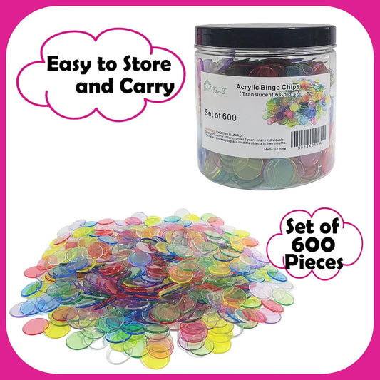 600 Pieces 3/4 Inch Bingbo Chips – Translucent Counting Chips with Portable Jar, 6 Vibrant Colors for Educational Games, Sorting & Counting Activities