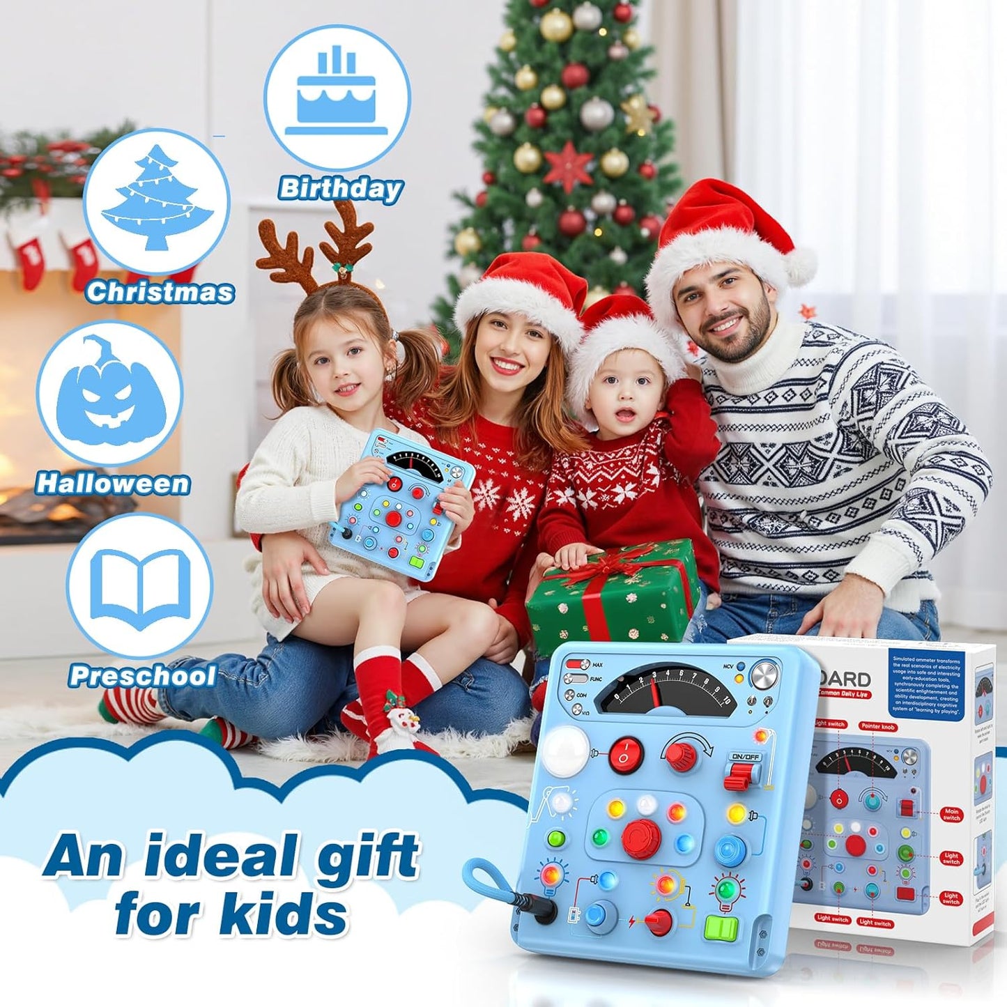 Busy Board Montessori Toys for Toddlers 1 2 3 4 Year Old with 13 LED Lights, Sensory Board Toys Educational Learning for Toddlers, Activity Toy Christmas Birthday Gifts for 1+ Year Old Boys and Girls