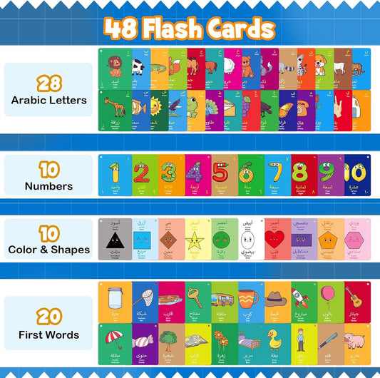 48 Arabic Toddler Flash Cards, Baby Cognitive Flashcards for Kids, Learn Arabic Letters, Number, Color, Shape & Sight Words, Educational Toys with English Transliteration for Preschool Kindergarten
