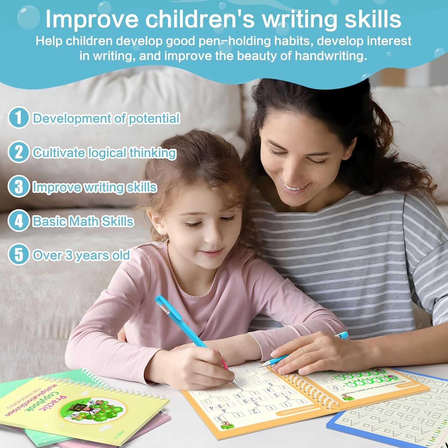 WANFRES Magic grooved Writing Practice Books Great for Beginners, 5 Books, 2 pens, 2 Pencil Grips, 20 Refills. grooved Handwriting Practice for Kids 3-10, Reusable grooved Handwriting workbooks.