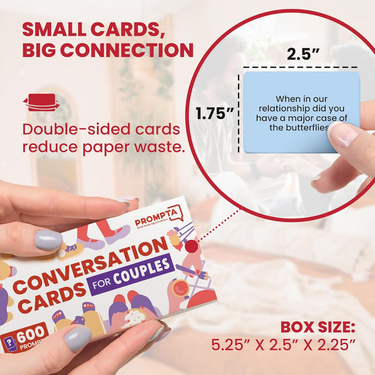 Rayliad Prompta 600 Conversation Cards for Couples – Light, Medium, and Deep Questions for Connecting with Your Partner - Conversation Starters for New or Married Couples on 2.5” x 1.75” Cards