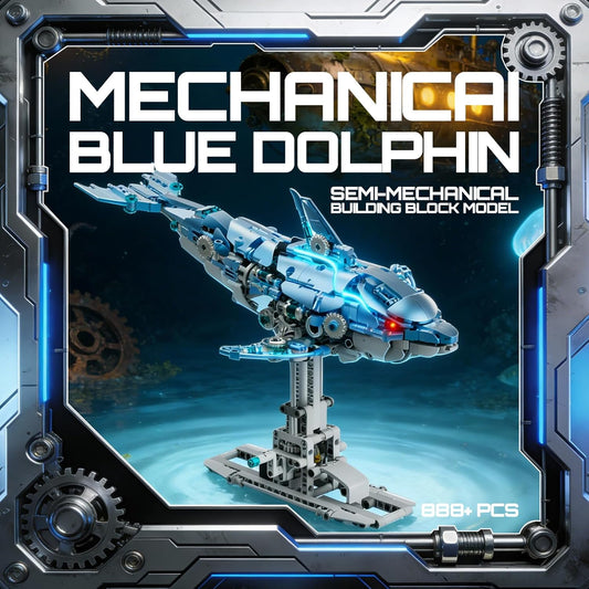 Mechanical Blue Dolphin Building Blocks Set Hand-Operated Motion, Detailed Gear Design, Display & Play Model Futuristic Ocean Animal Model