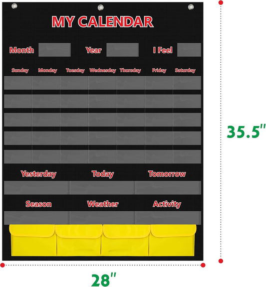 SpriteGru Calendar and Weather Pocket Chart with 148 Cards,(108 Illustrated Activity Cards, 40 Dry Erasable Flash Cards and 3 Hooks 28"x35.5"),Alphabets, Blue