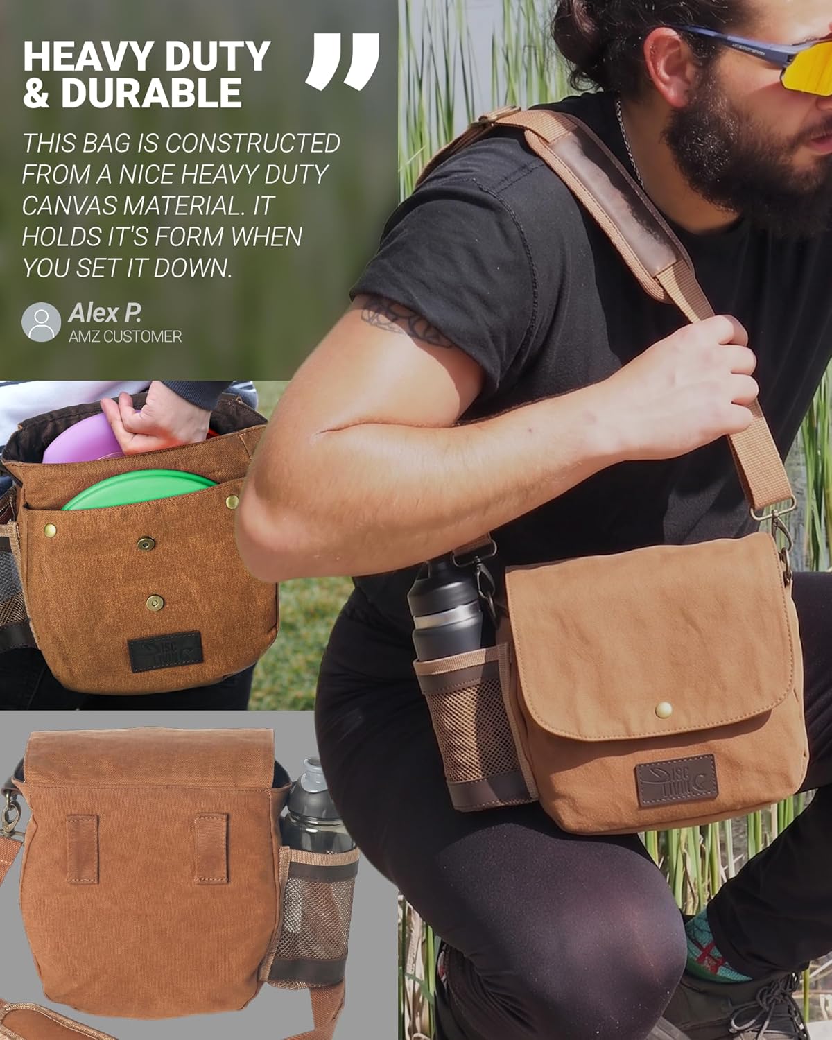 Disc Golf Bag | Frisbee Golf Bag | Easy to Carry | Lightweight Fits Up to 10 Discs | 16 oz Waxed Canvas Sturdy Design | Belt Loop | Double Button Design | Bottle Holder