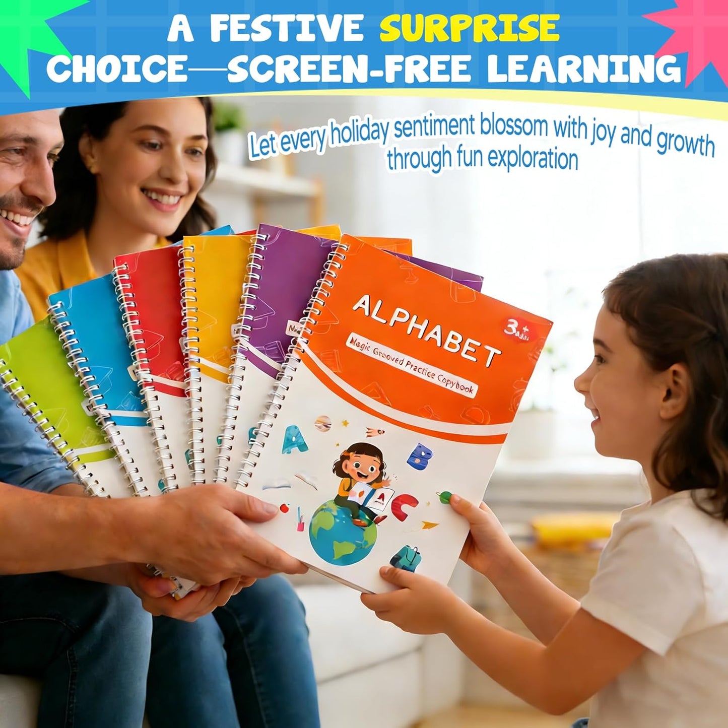 Magic Grooved Writing Practice for Kids Age 3-8, Reusable Grooved Handwriting Books, Tracing Workbooks with Disappearing Ink Pens & Grips, Preschool Learning Activities