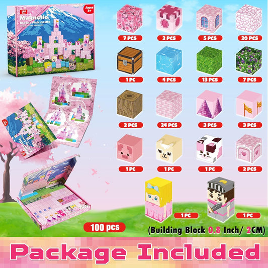 Magnetic Blocks - 100Pcs 0.8in Magnetic Building Block for Kids Ages 4-8, Transparent Magnet Block Blue Princess Castle, Magnet Cubes Tiles Princess Toy for Girl 3 4 5 6 7 8-12 Birthday Gift
