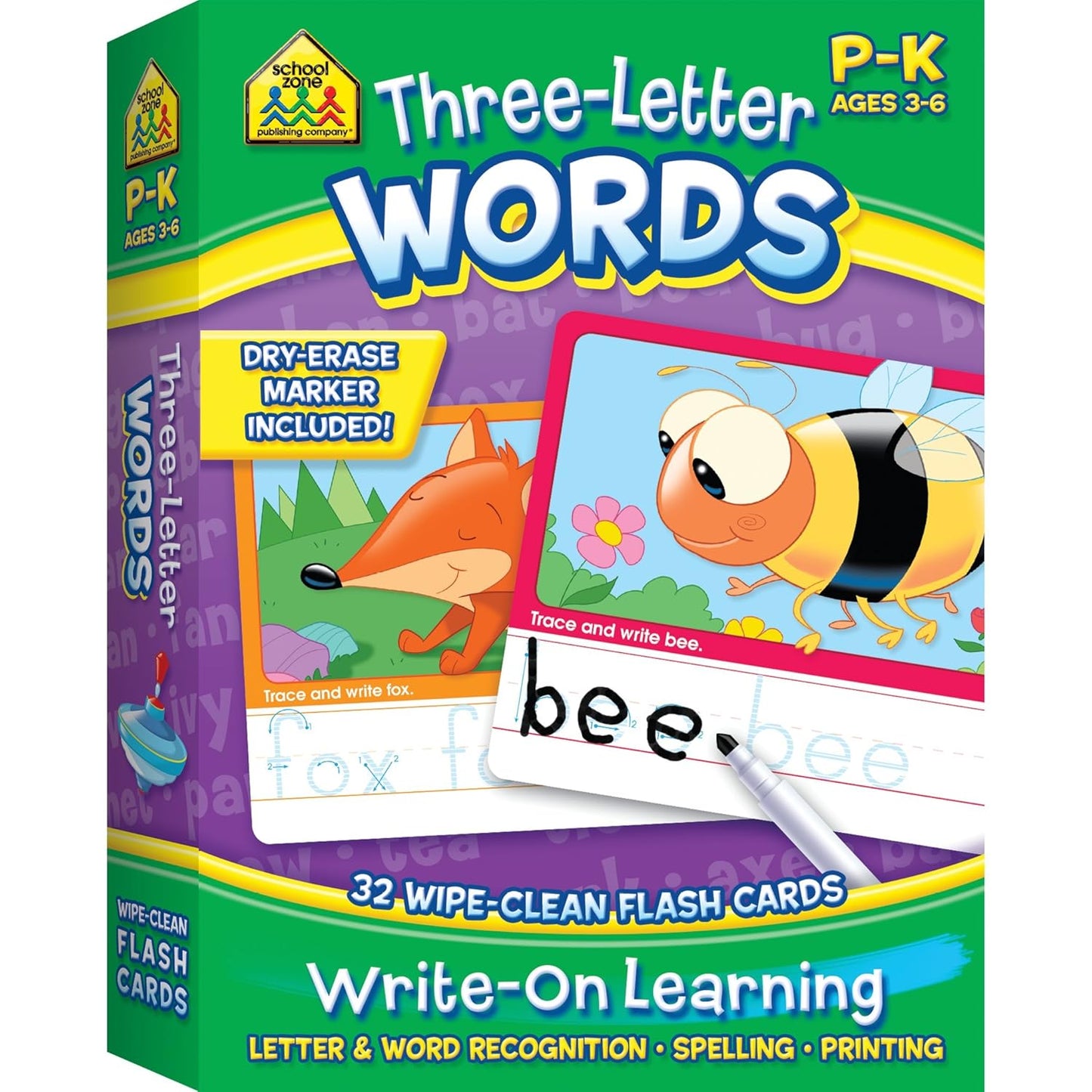 School Zone - Three-Letter Words Wipe Clean Flash Cards, Preschool and Kindergarten, Ages 3 to 6, Write-On Learning, Interactive Flash Cards, Early Reading, Includes Dry Erase Marker
