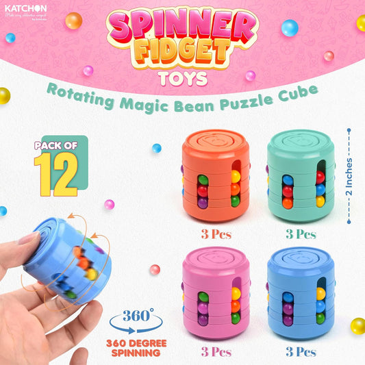 KatchOn, Rotating Fidget Toys – Pack of 12 | Magic Bean Brain Teaser Puzzle Cube, Pinata Stuffers for Kids | Fidget Spinners Party Favors for Kids, Adults | Classroom Prizes Goodie Bag Stuffers
