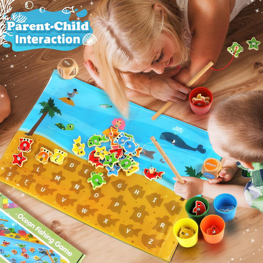 Wooden Toddler Toys Fishing Game: Montessori Sensory Toys for 1 2 3 Year Old Boys Girls - Birthday Baby Gifts for 1 2 3 Year Olds - Color Sorting Shape Learning for Kids