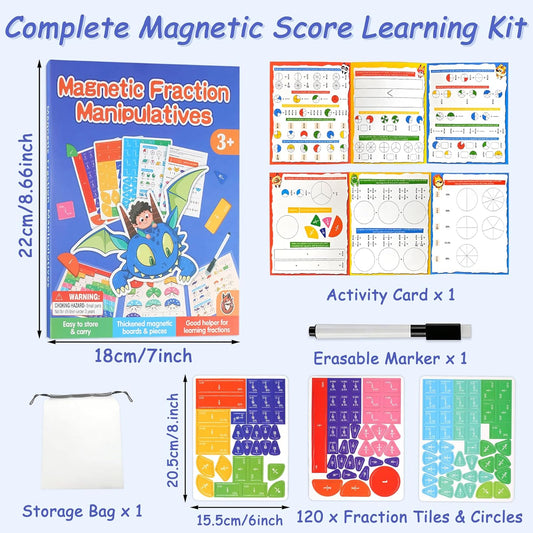 Magnetic Fraction Playbook & Tiles, Montessori Math Tools for Ages 6-10, Fraction Manipulatives Set with Wipeable Cards & Marker Pen, Learning Games for Kids Homeschool Classroom