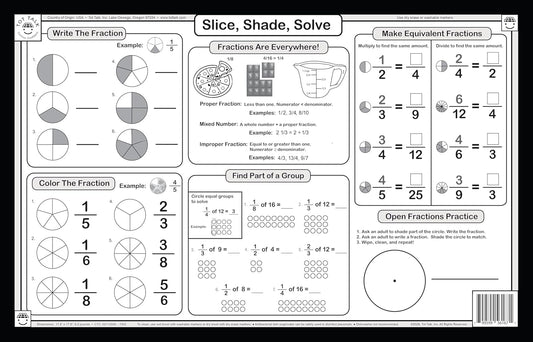 Tot Talk Mastering Fractions Educational Placemat for Kids – Made in USA – Durable, Double-Sided, Math Placemat with Fraction Concepts & Practice Problems – Waterproof, Wipeable, 17.5” x 11.5”