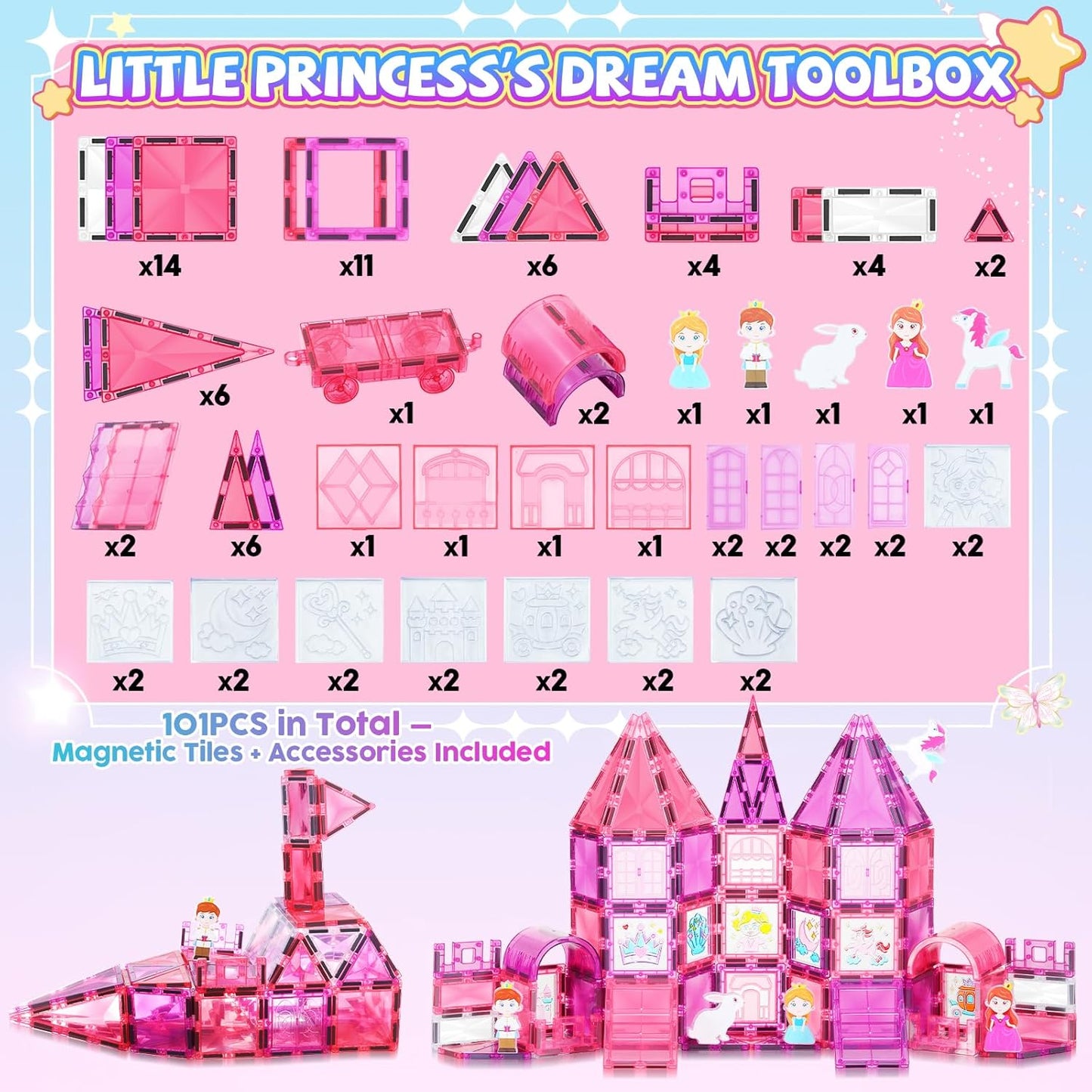 101PCS Magnetic Blocks Set Including Cars and Accessories, Princess Magnet Building Tiles Sets, Castle Magnet Blocks STEM Toys for Girls Kids Ages 3 4 5 6 7 8 9+ Year Old