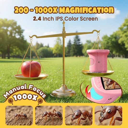 Handheld Digital Mini Microscope for Kids: 1000X 4K Portable Pocket 2.4" Screen Microscopes Toys STEM Electronic Learning Educational Science Kit 8-12 Birthday Gift 4 5 6 7 Year Old Boy Girl (Yellow)
