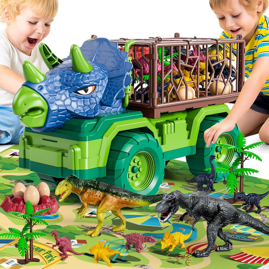 Dinosaur Truck for Kids 2-4, Dinosaur Action Figure Toys for Toddler 3-5 with 8 Dinosaur Figures, Play Mat, Egg, Tree, T-Rex Transport Car Carrier Birthday Gifts Toys for Boys 2 3 4 5 6 Year Old