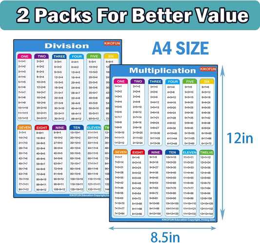 Extra Large Educational Math Posters, With 1 A4 Size Multiplication Posters Times Tables Chart 17 x 22 Inch Multiplication Division Charts for Kids, Elementary Middle School Classroom(Large Poster +A4)