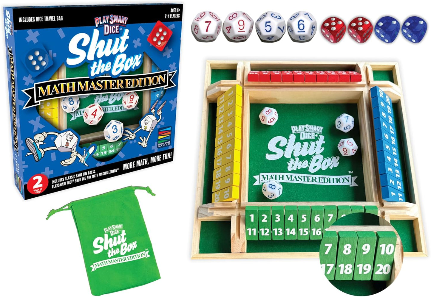 PlaySmart Dice Shut the Box Math Master: Deluxe 1-4 Player Wooden Board with Unique dice, More Numbers, Games, Math, and Fun Ways to Play!