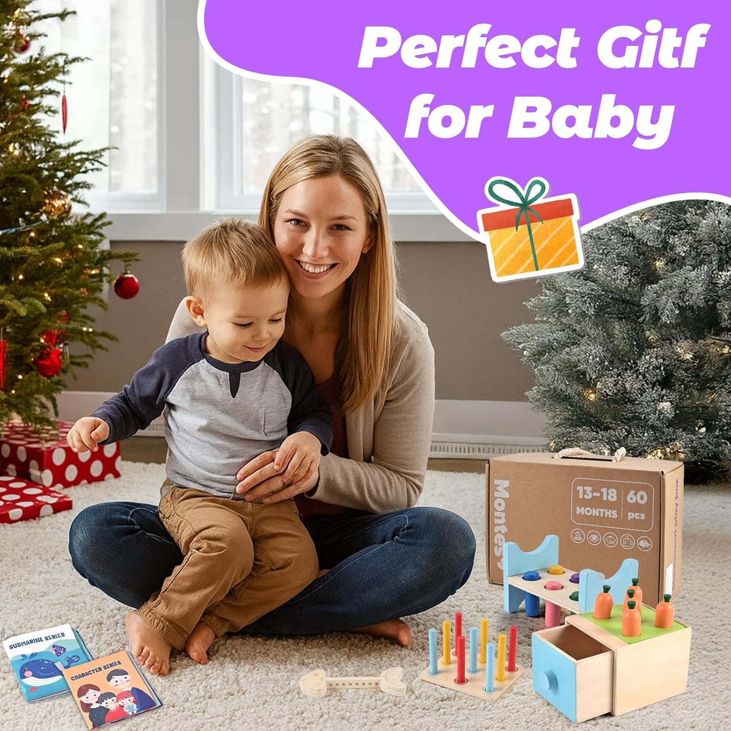 Wooden Montessori Toys for 1+ Year Old, 9-in-1 Learning Educational Set with 3-in-1 Activity Box, Pound Bench, Shape Puzzle, Cloth Books, Fishbone Matching & Ring Stacker