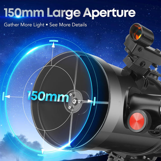 MEEZAA Telescope, 150EQ Newtonian Reflector Telescope for Adults Astronomy Beginners, Professional Astronomical Telescopes with Equatorial Mount, Phone Adapter, Tripod, Moon Filter and Large Carry Bag