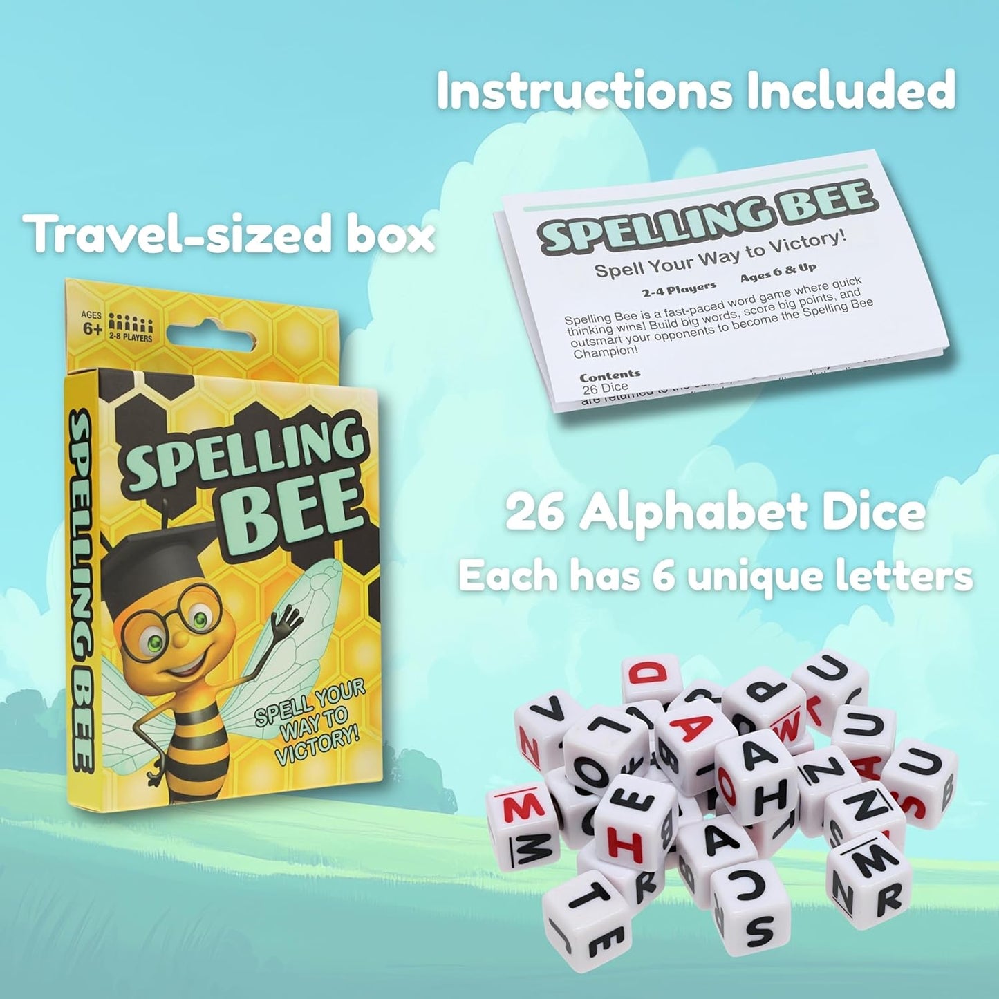 TDC Games Spelling Bee – Letter Dice Word Game for Kids and Adults, 26 Alphabet Dice, Fast-Paced Educational Travel Game, 2–8 Players Ages 6+, Vocabulary Builder for Family, School, and Classroom